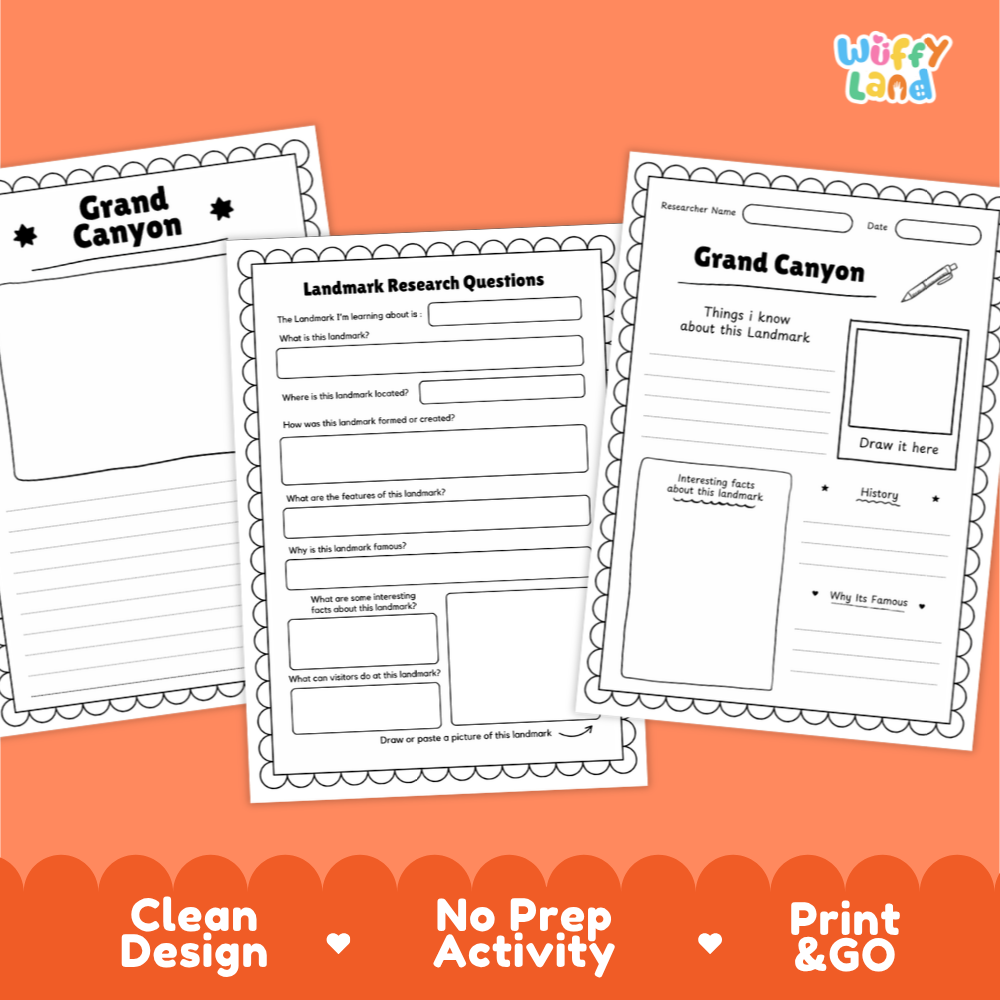 Three printable worksheet pages about the Grand Canyon are shown on an orange background with promotional text at the bottom. The pages include labeled sections such as Grand Canyon, Landmark Research Questions, and a drawing area.