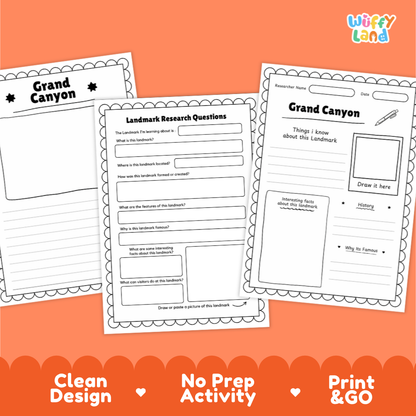 Three printable worksheet pages about the Grand Canyon are shown on an orange background with promotional text at the bottom. The pages include labeled sections such as Grand Canyon, Landmark Research Questions, and a drawing area.