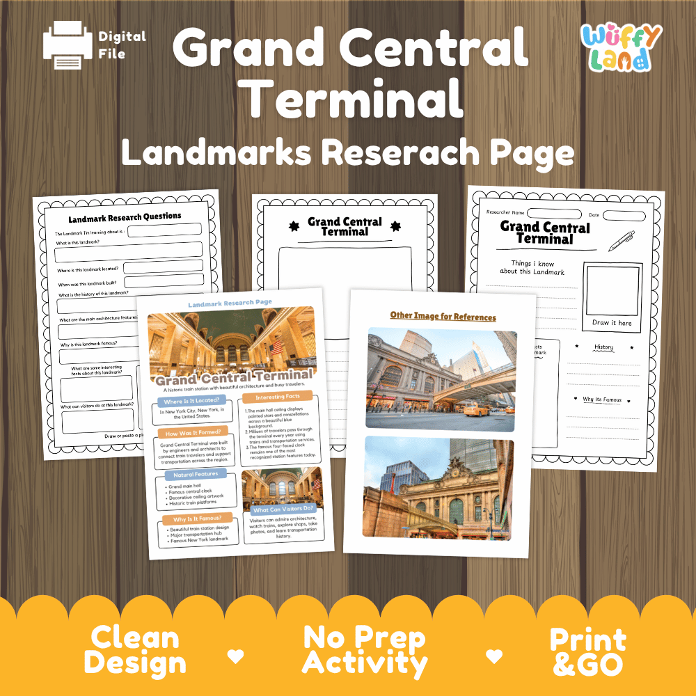 Grand Central Terminal Landmark Research Page Worksheets and Fact Sheet Activity