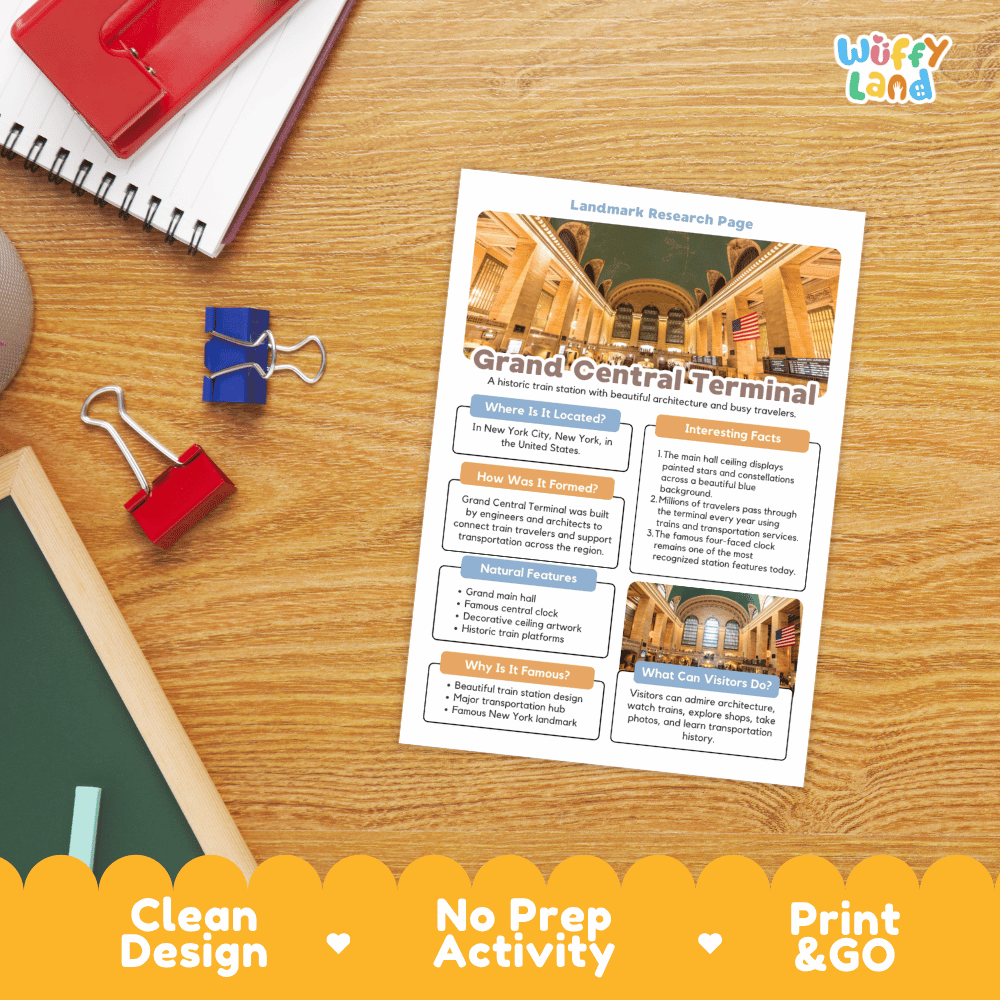 Grand Central Terminal Landmark Research Page Worksheets and Fact Sheet Activity