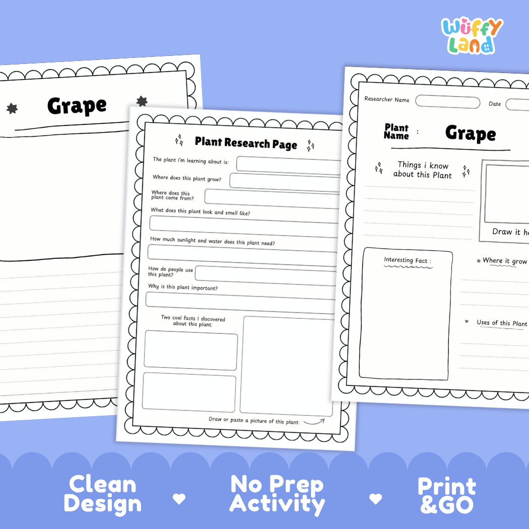 Grape Plant Research Page Worksheets and Fact Sheet