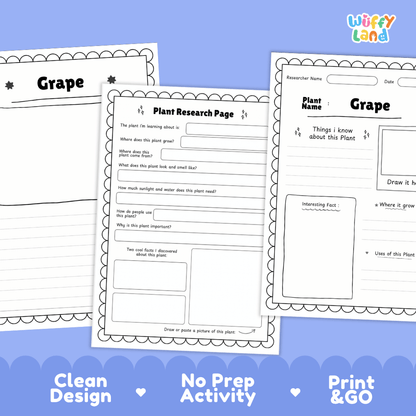 Grape Plant Research Page Worksheets and Fact Sheet