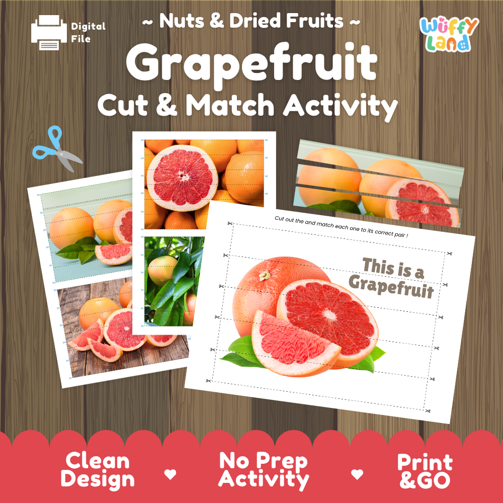 Grapefruit cut and match activity cover showing printable fine motor puzzle sheets and citrus photographs