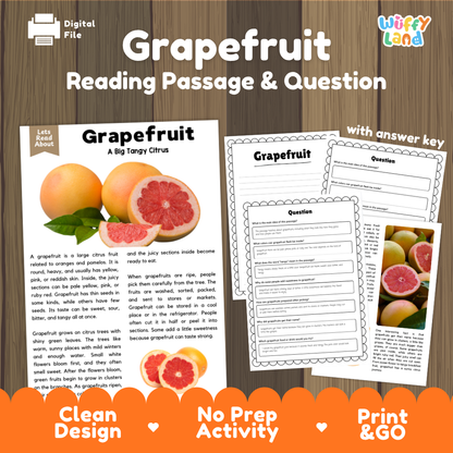 Grapefruit reading comprehension passage and questions printable activity pack with answer key for elementary students