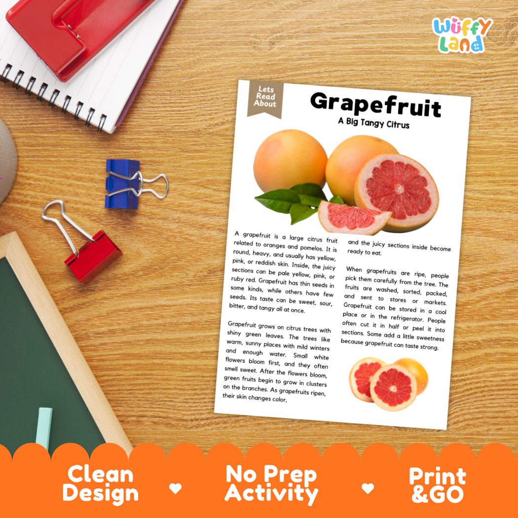 Student reading comprehension worksheet with short-answer questions and lined sections about grapefruits