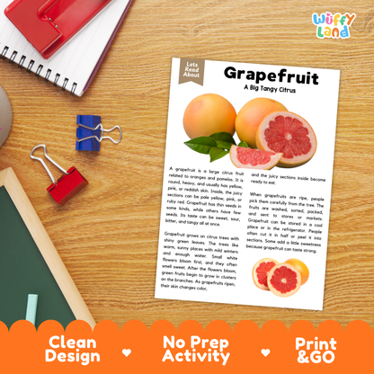 Student reading comprehension worksheet with short-answer questions and lined sections about grapefruits