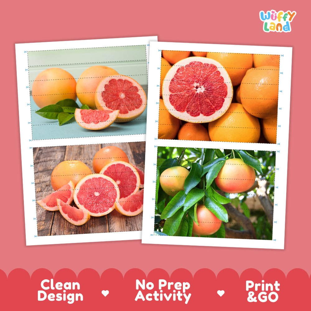 Printable activity sheets featuring photographic grapefruit puzzle boards and cutting guides