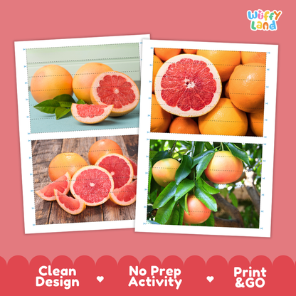 Printable activity sheets featuring photographic grapefruit puzzle boards and cutting guides