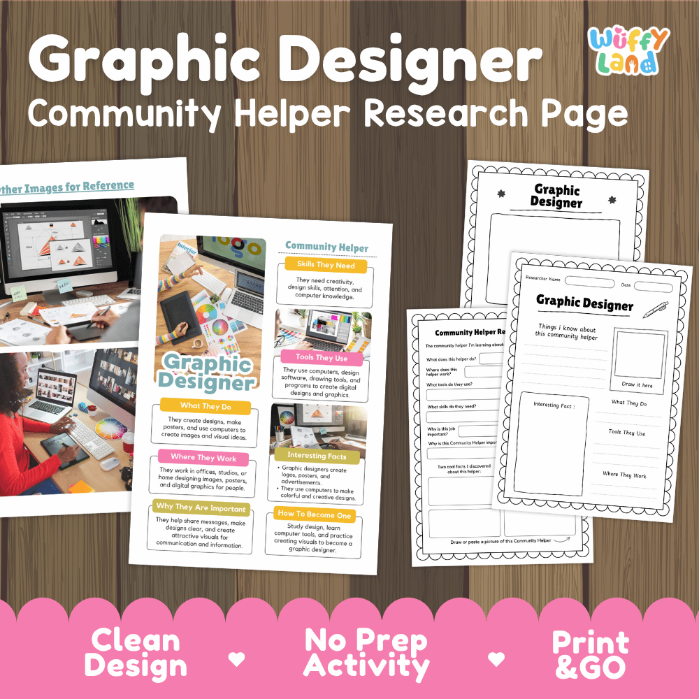 Graphic designer community helper research page writing worksheets pack featuring real photos and student activity pages for elementary social studies and art
