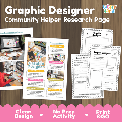 Graphic designer community helper research page writing worksheets pack featuring real photos and student activity pages for elementary social studies and art