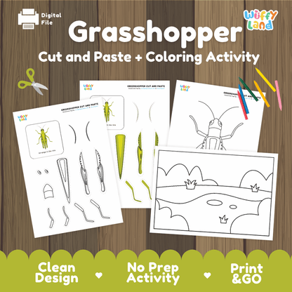 Grasshopper Cut and Paste Craft and Coloring Activity Worksheets