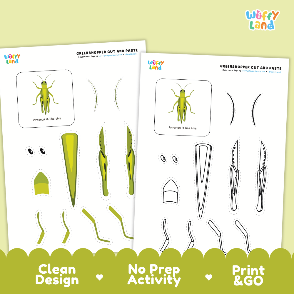 Grasshopper Cut and Paste Craft and Coloring Activity Worksheets