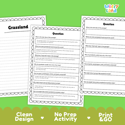 Informational reading passage page detailing grassland ecosystems prairies rich soil and food webs with photos