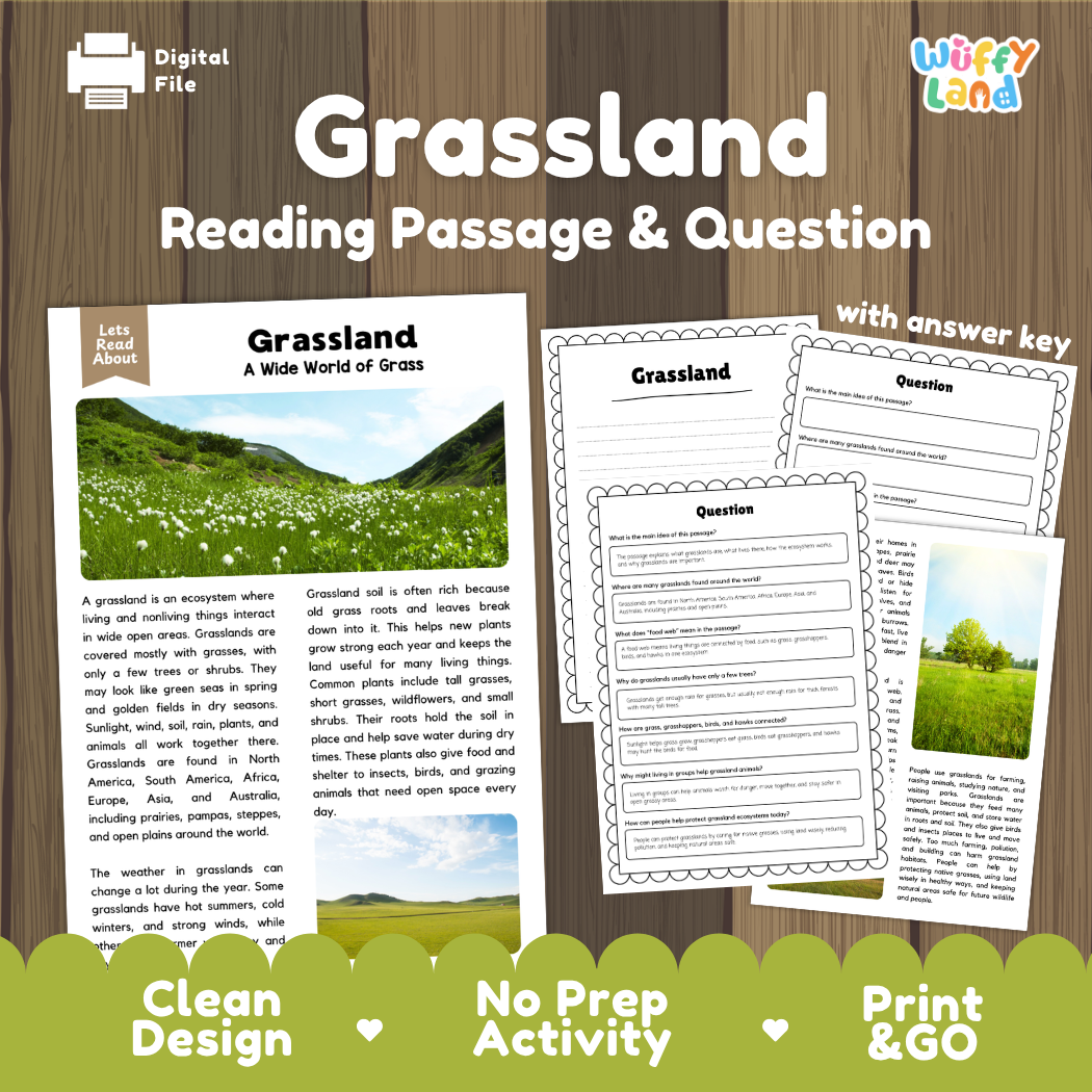 Grassland biome reading comprehension passage and questions printable activity pack with answer key for elementary students