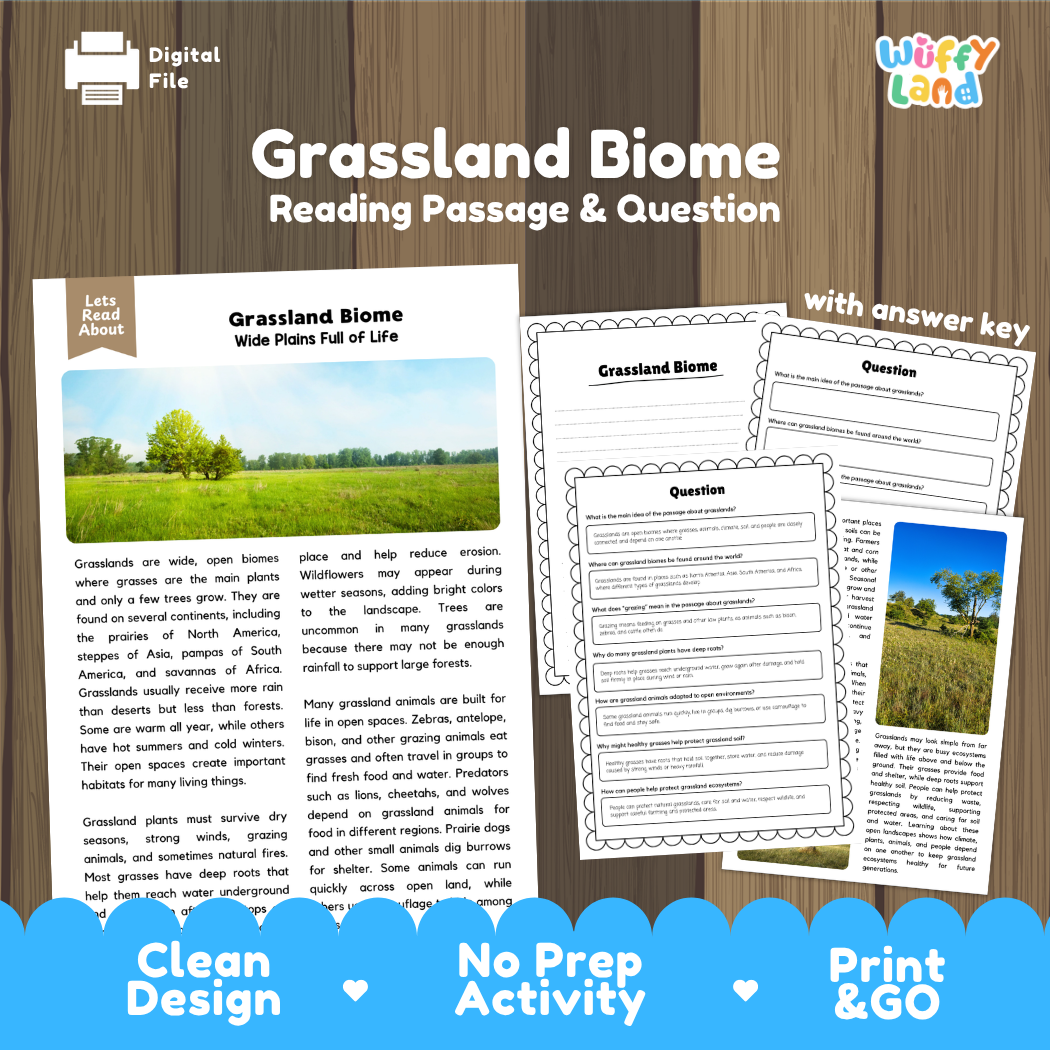 Grassland Biome reading comprehension passage and questions printable activity pack with answer key for elementary students