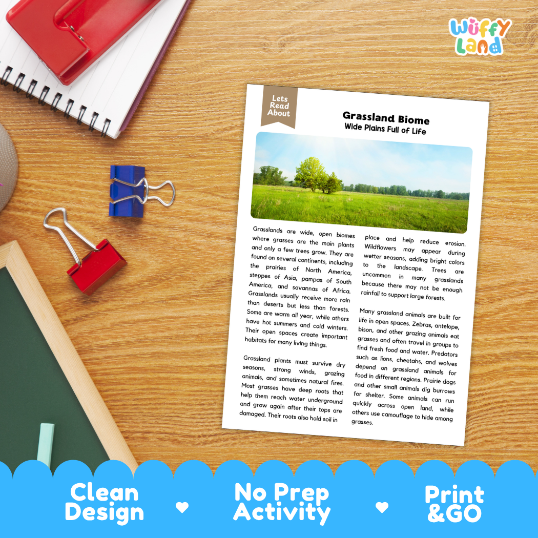 Student reading comprehension worksheet with short-answer questions and lined sections about the grassland biome
