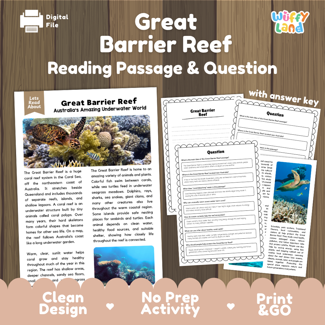 Great Barrier Reef reading comprehension passage and questions printable activity pack with answer key for elementary students