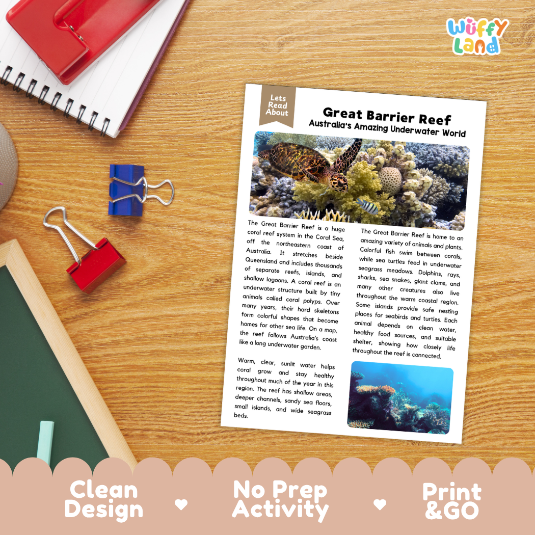 Student reading comprehension worksheet with short-answer questions and lined sections about the Great Barrier Reef