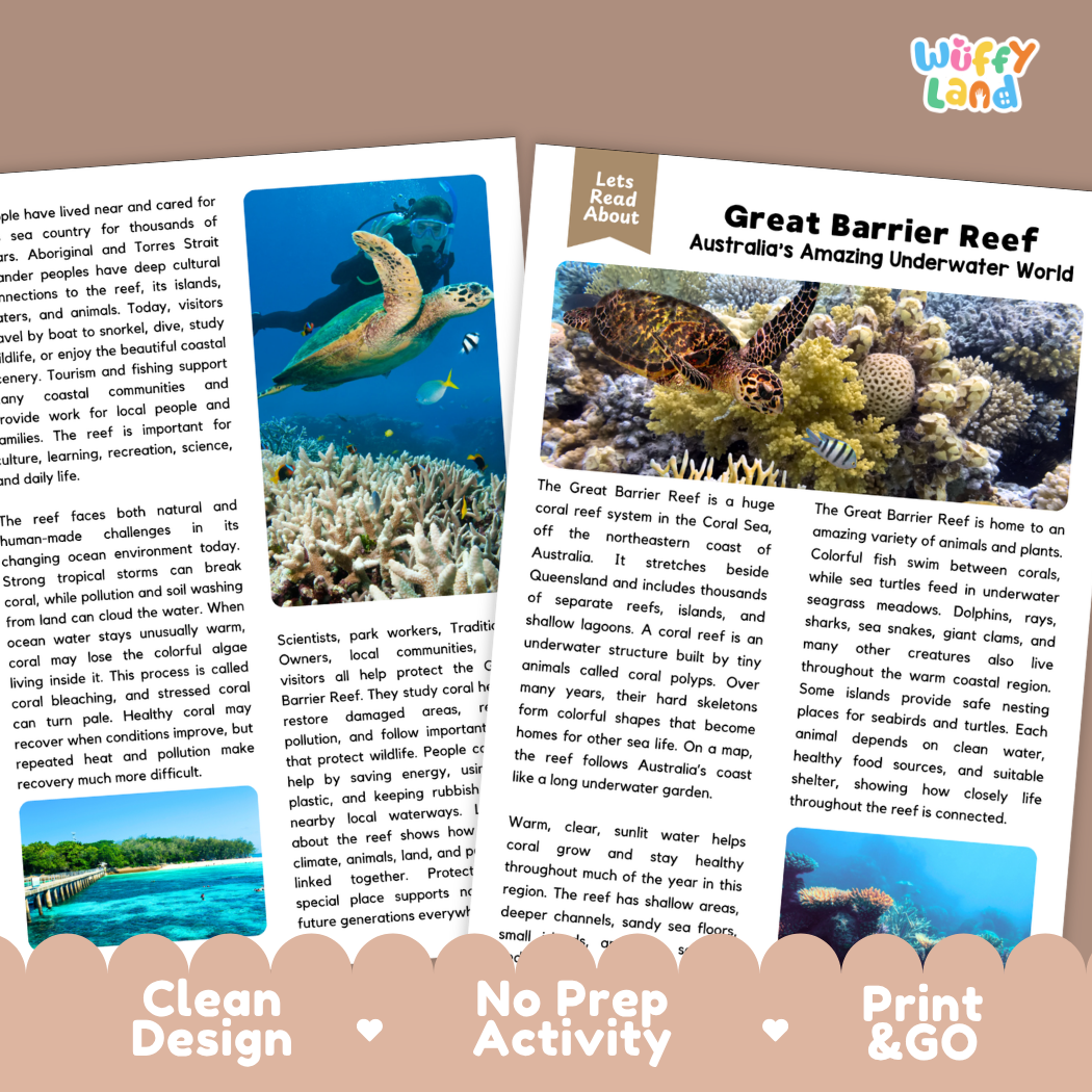Teacher answer key page showing complete question solutions for Great Barrier Reef science and geography reading comprehension practice