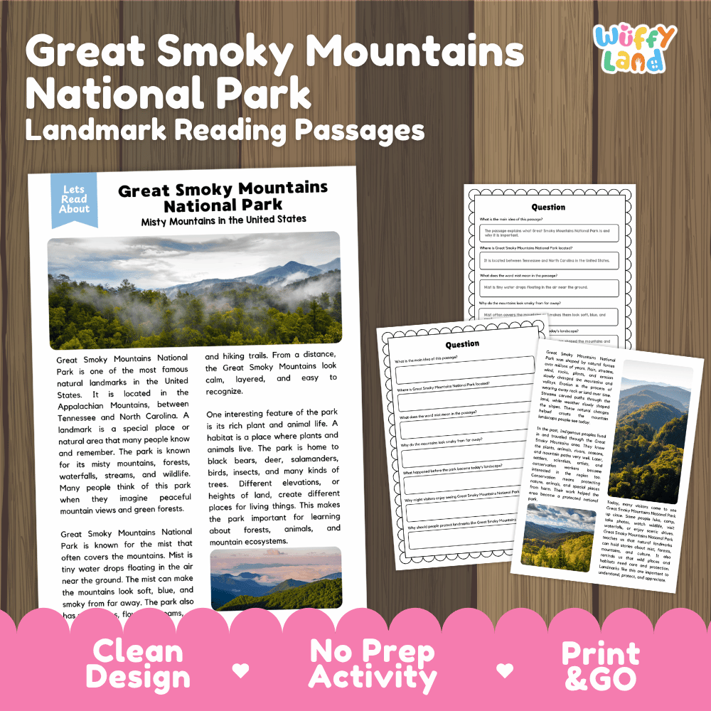 Great Smoky Mountains National Park landmark reading passages educational study unit featuring nonfiction reading worksheets and authentic misty mountain ridge photography