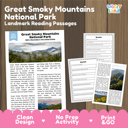 Great Smoky Mountains National Park landmark reading passages educational study unit featuring nonfiction reading worksheets and authentic misty mountain ridge photography