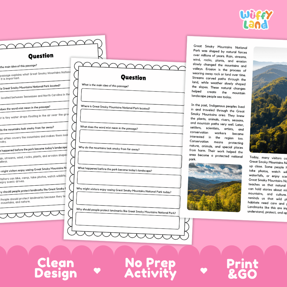 Student reading passage titled Misty Mountains in the United States detailing Great Smoky Mountains National Park mist, forest biodiversity, and mountain landscape photography