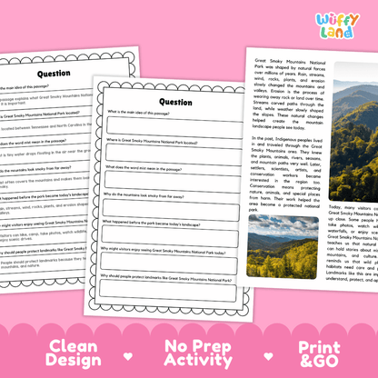 Student reading passage titled Misty Mountains in the United States detailing Great Smoky Mountains National Park mist, forest biodiversity, and mountain landscape photography