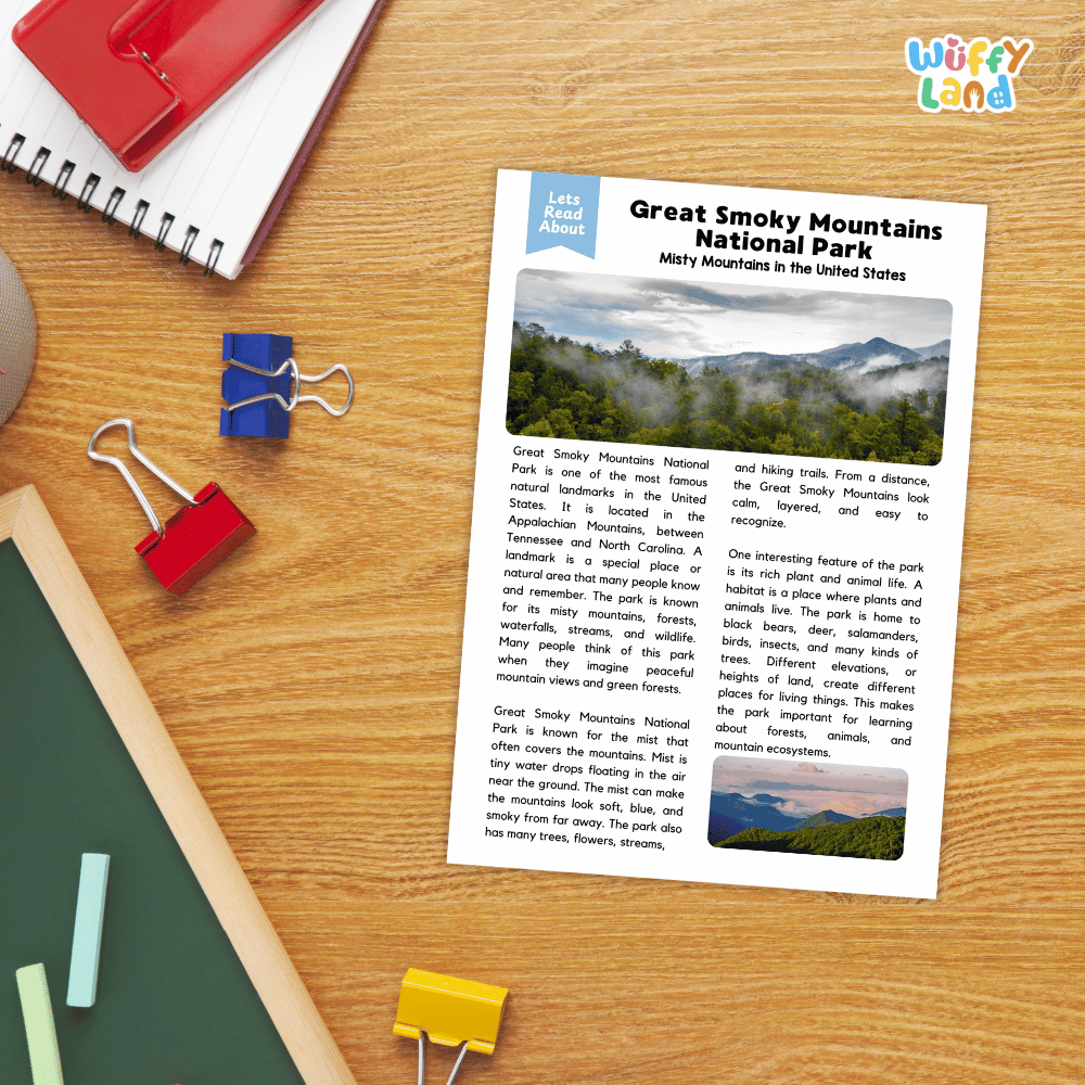Lined reading comprehension question worksheet covering main ideas, vocabulary terms, and landmark facts about Great Smoky Mountains National Park