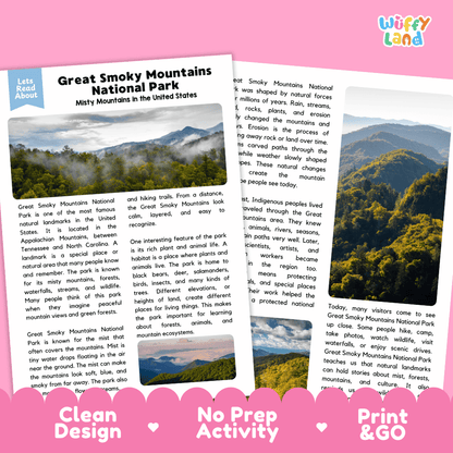 Reference sheet and answer key for Great Smoky Mountains National Park landmark reading passage displaying completed comprehension answers and nature facts
