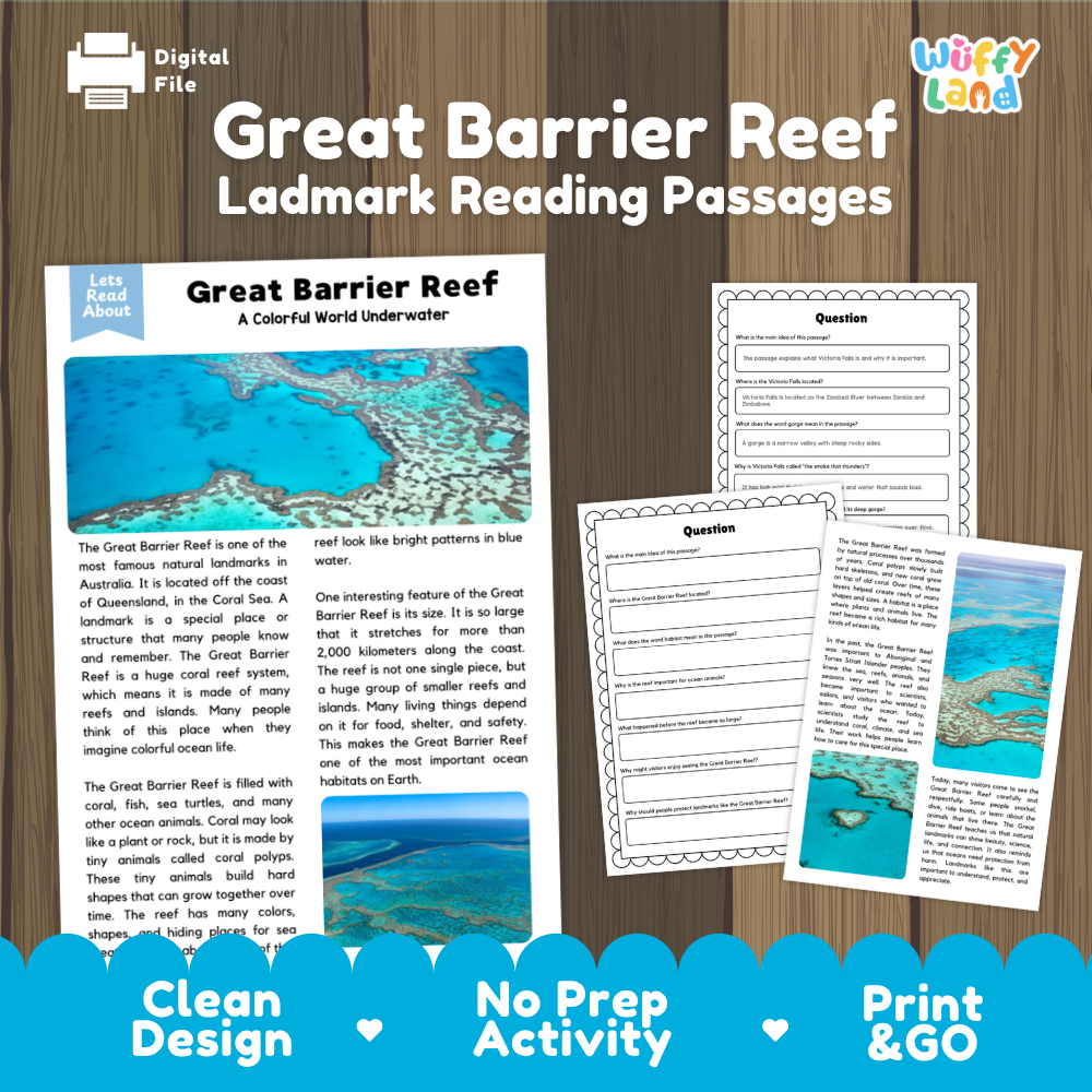 Digital reading activity bundle for Great Barrier Reef, showing a printed worksheet page, an answer key, and a lined question sheet on a light gray background with promotional text at the bottom.