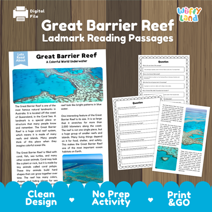Digital reading activity bundle for Great Barrier Reef, showing a printed worksheet page, an answer key, and a lined question sheet on a light gray background with promotional text at the bottom.