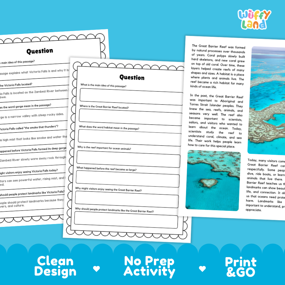 Great Barrier Reef Landmark Reading Passages and Comprehension Questions Worksheets