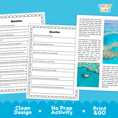 Great Barrier Reef Landmark Reading Passages and Comprehension Questions Worksheets