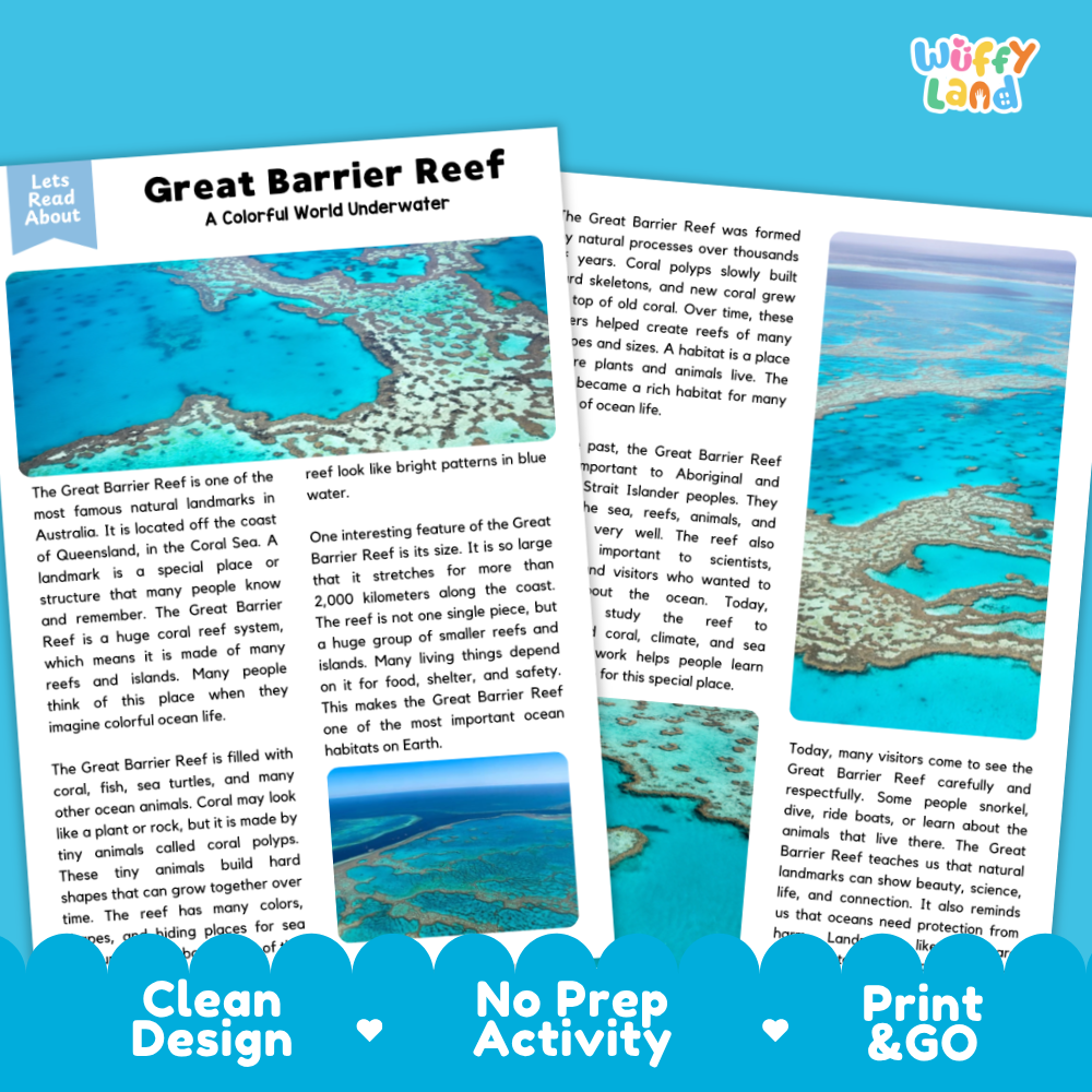 Great Barrier Reef Landmark Reading Passages and Comprehension Questions Worksheets