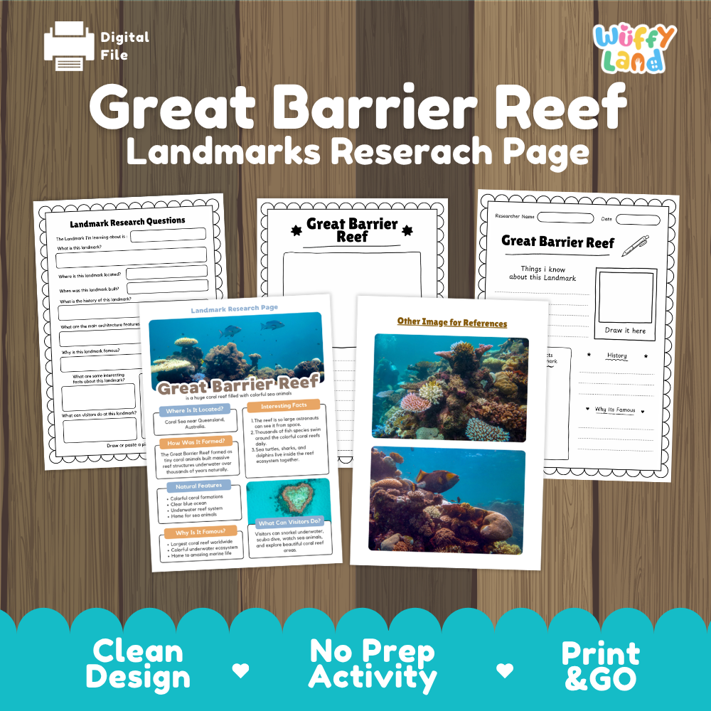 Digital product preview for a 'Great Barrier Reef Landmarks Research Page' by Wiffy Land. The image shows three printable worksheet pages laid out on a wood-grain background, with one page featuring colorful underwater reef photographs.