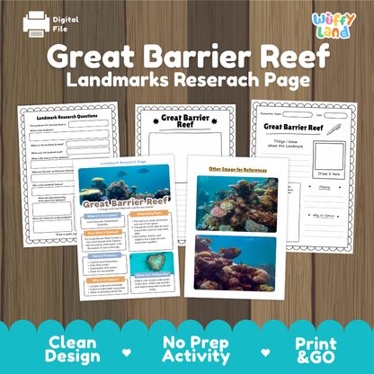 Digital product preview for a 'Great Barrier Reef Landmarks Research Page' by Wiffy Land. The image shows three printable worksheet pages laid out on a wood-grain background, with one page featuring colorful underwater reef photographs.