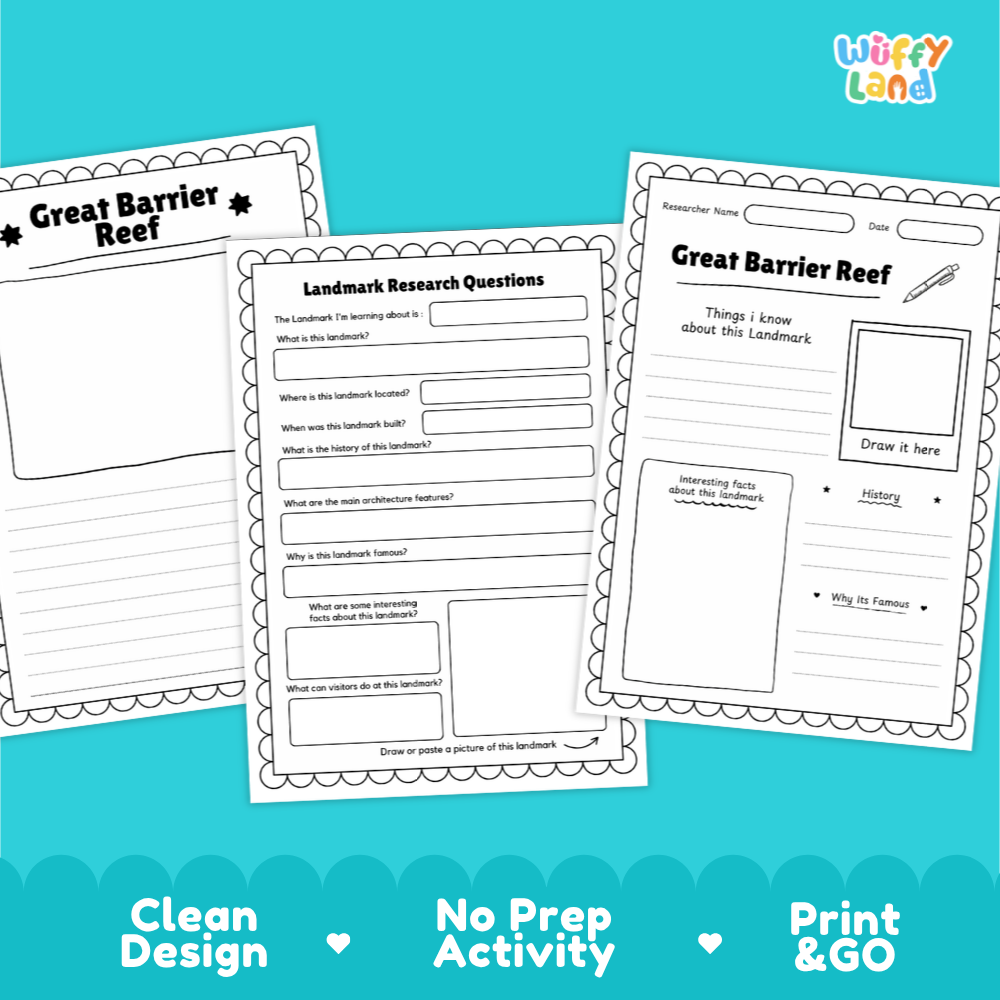 Three printable educational worksheets about the Great Barrier Reef are shown on a bright blue background. The worksheets are white with black outlines and text, featuring sections for research questions, a drawing box, and writing prompts.