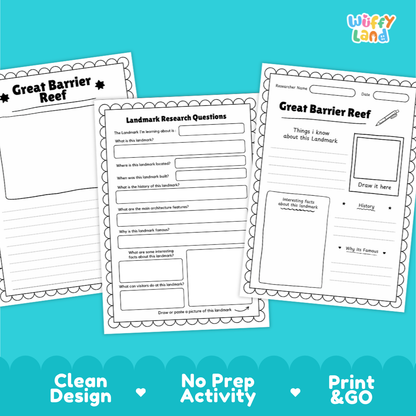 Three printable educational worksheets about the Great Barrier Reef are shown on a bright blue background. The worksheets are white with black outlines and text, featuring sections for research questions, a drawing box, and writing prompts.