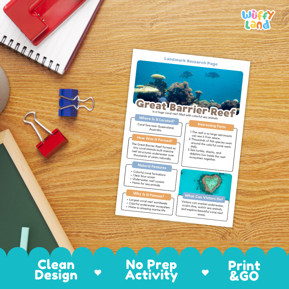 An educational activity sheet titled 'Great Barrier Reef Landmark Research Page' by Wiffly Land, displayed on a wooden desk with school supplies like a spiral notebook, binder clips, and a red folder. The sheet features colorful text boxes and an underwater reef illustration.