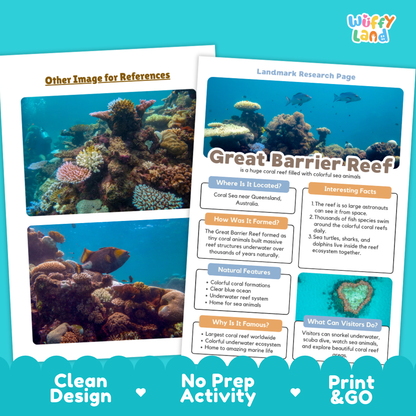 Two educational reef fact sheets from Wiffly Land about the Great Barrier Reef, shown on a white background with the Wiffly Land logo in the top right. The sheets feature coral reef photographs, text sections, and a clean design.