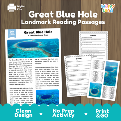 Digital reading activity bundle for Great Blue Hole Landmark, featuring three printable pages: an 'About Let's Read' banner, a reading passage titled 'Great Blue Hole: A Deep Blue Ocean Circle,' and a worksheet with comprehension questions. The pages are displayed on a dark wood background with promotional text at the bottom reading 'Clean Design,' 'No Prep Activity,' and 'Print & GO.