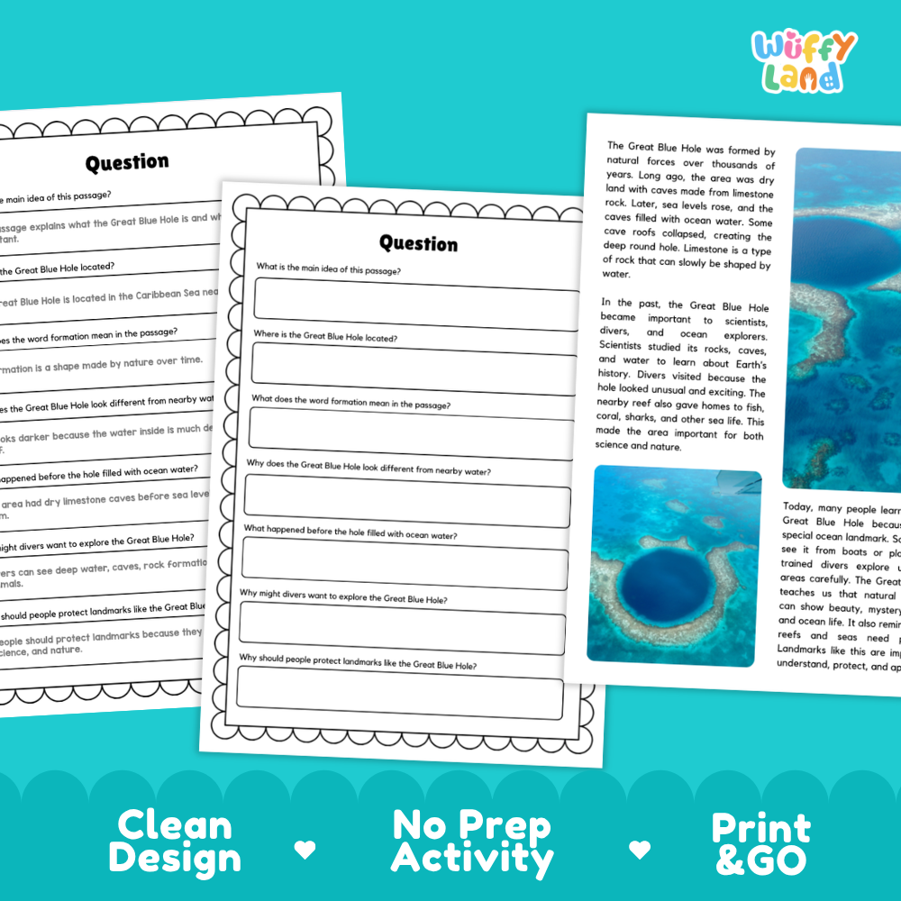 Great Blue Hole Landmark Reading Passage and Comprehension Questions Worksheets