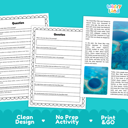 Great Blue Hole Landmark Reading Passage and Comprehension Questions Worksheets