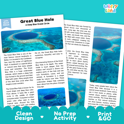 Great Blue Hole Landmark Reading Passage and Comprehension Questions Worksheets