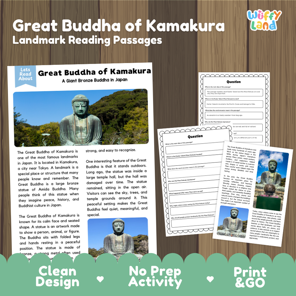 Educational worksheet bundle cover for 'Great Buddha of Kamakura Landmark Reading Passages' by Wiffly Land, featuring sample text pages, a word bank sheet, and a question page on a wood-grain background with a green footer banner.