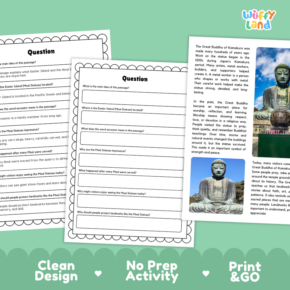A collage of educational worksheet pages and a printed travel-style text panel about the Great Buddha of Kumamoto, with a green footer banner reading 'Clean Design', 'No Prep Activity', and 'Print & Go'. This is not a clean product photo of a physical item in use, and it is not a measurement chart, color swatch, or instruction diagram.