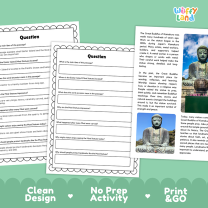 A collage of educational worksheet pages and a printed travel-style text panel about the Great Buddha of Kumamoto, with a green footer banner reading 'Clean Design', 'No Prep Activity', and 'Print & Go'. This is not a clean product photo of a physical item in use, and it is not a measurement chart, color swatch, or instruction diagram.