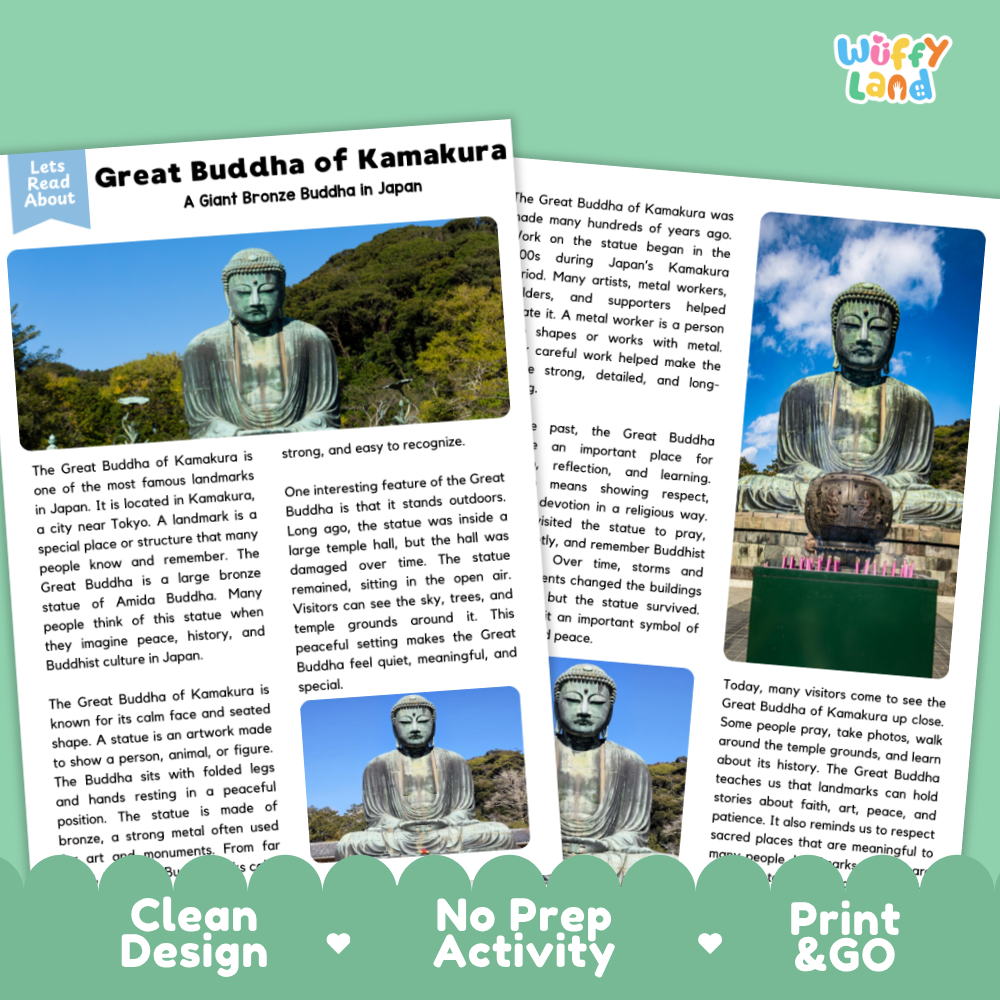 A printed activity booklet or travel guide titled 'Great Buddha of Kamakura' with text blocks, a small photo of the statue, and two larger images showing the Buddha statue in Kyoto. The booklet is photographed on a white background with decorative green and pink border accents and the text 'Wuffy land' visible at the bottom.