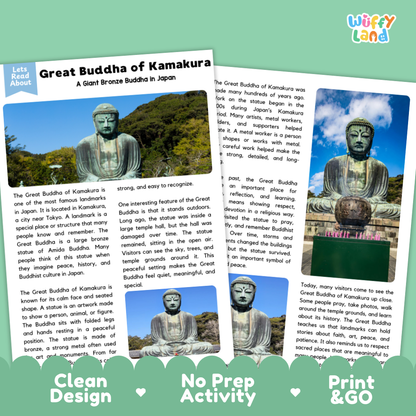 A printed activity booklet or travel guide titled 'Great Buddha of Kamakura' with text blocks, a small photo of the statue, and two larger images showing the Buddha statue in Kyoto. The booklet is photographed on a white background with decorative green and pink border accents and the text 'Wuffy land' visible at the bottom.
