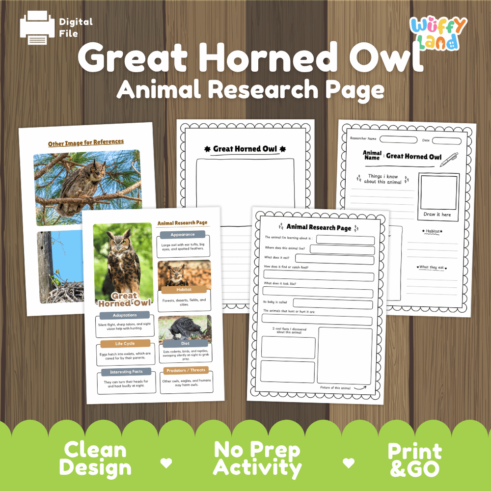 Great Horned Owl Animal Research Page Worksheets and Fact Sheet Activity